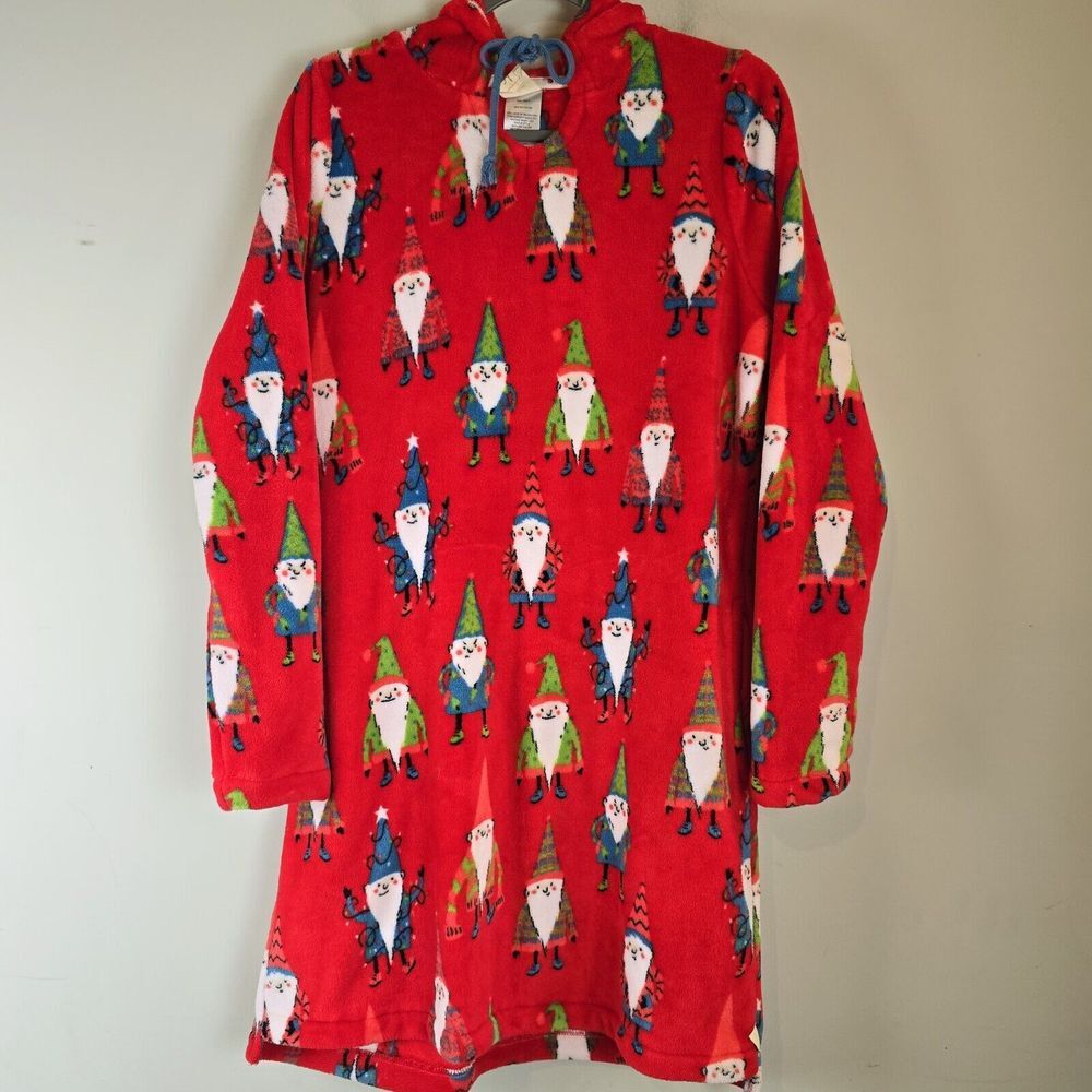 Munki Munki Plush Fleece Christmas Gnomes Red Hoodie Robe Pajamas Women L.E181